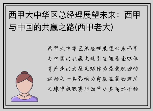 西甲大中华区总经理展望未来：西甲与中国的共赢之路(西甲老大)