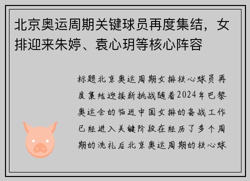 北京奥运周期关键球员再度集结，女排迎来朱婷、袁心玥等核心阵容