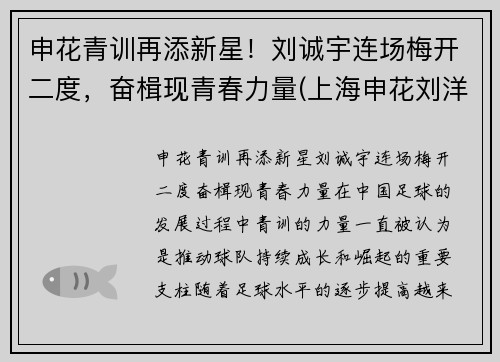 申花青训再添新星！刘诚宇连场梅开二度，奋楫现青春力量(上海申花刘洋)