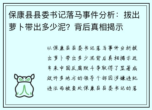 保康县县委书记落马事件分析：拔出萝卜带出多少泥？背后真相揭示