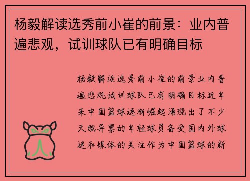 杨毅解读选秀前小崔的前景：业内普遍悲观，试训球队已有明确目标