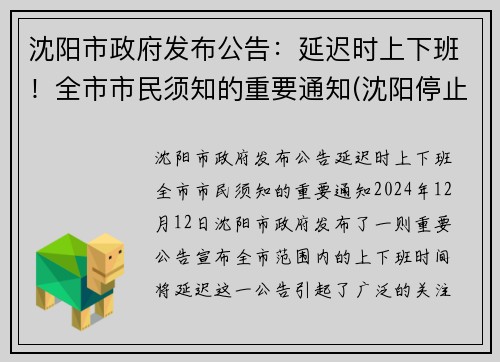 沈阳市政府发布公告：延迟时上下班！全市市民须知的重要通知(沈阳停止上班)