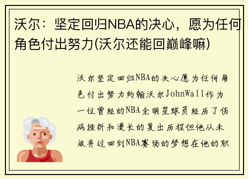 沃尔：坚定回归NBA的决心，愿为任何角色付出努力(沃尔还能回巅峰嘛)