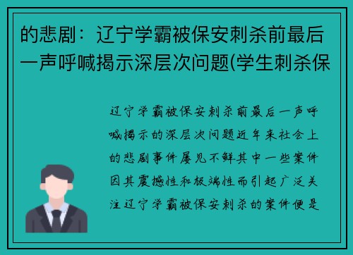 的悲剧：辽宁学霸被保安刺杀前最后一声呼喊揭示深层次问题(学生刺杀保安)